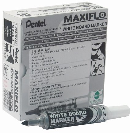 Pentel Maxiflo Whiteboard Marker, sucha zmywalny, ścięty koronka, czarna, 12 sztuki MWL6-AO