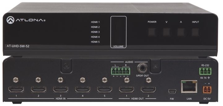 Atlona AT-UHD-SW-52 Przełącznik 4K/UHD pięć portów HDMI z lustrzanymi wyjściami HDMI AT-UHD-SW-52