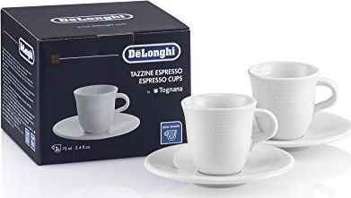 DeLonghi Zestaw filiżanek do espresso z porcelany DLSC308 2 ręcznie robione ceramiczne filiżanki ze spodkami odpowiednie do kuchenki mikrofalowej i zmywarki 70 ml biały DLSC308