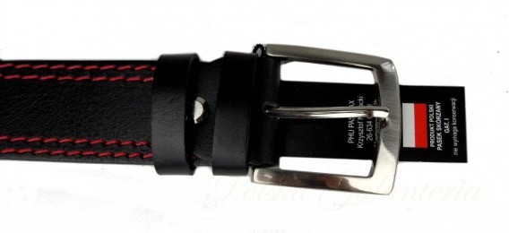 Pas-Max Pasek Męski Skórzany (PL) Skóra Licowa EXTRA 40 mm Czarny Z Podwójną Czerwoną Nitką
