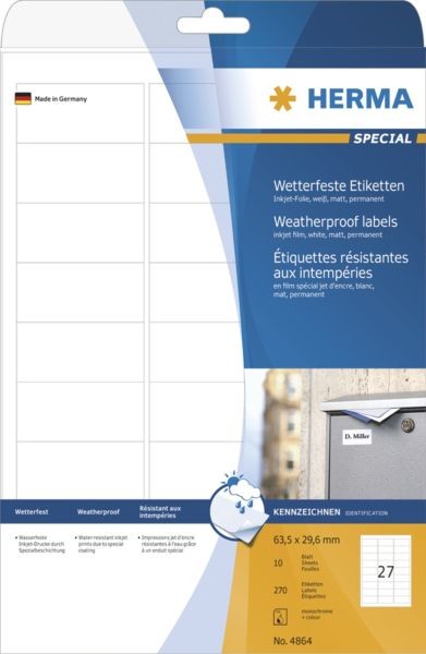 Herma Inkjet-Etik. A4 wei 63,5x29,6 mm wetterfest 270 St. - 4864
