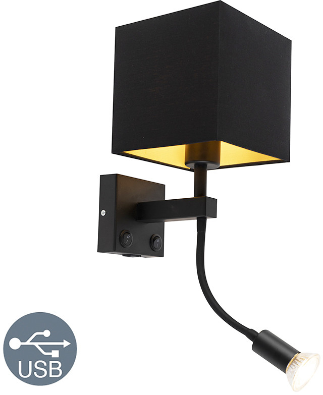 QAZQA Nowoczesna lampa ścienna czarna z USB i kwadratowym czarnym kloszem - Zeno