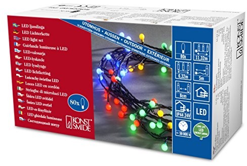 Konstsmide 3691-507 łańcuch świetlny LED z okrągłymi diodami, do użytku na zewnątrz, stopień ochrony: IP44, transformator zewnętrzny 24 V, 80 diod, czarny kabel 3691-507EE