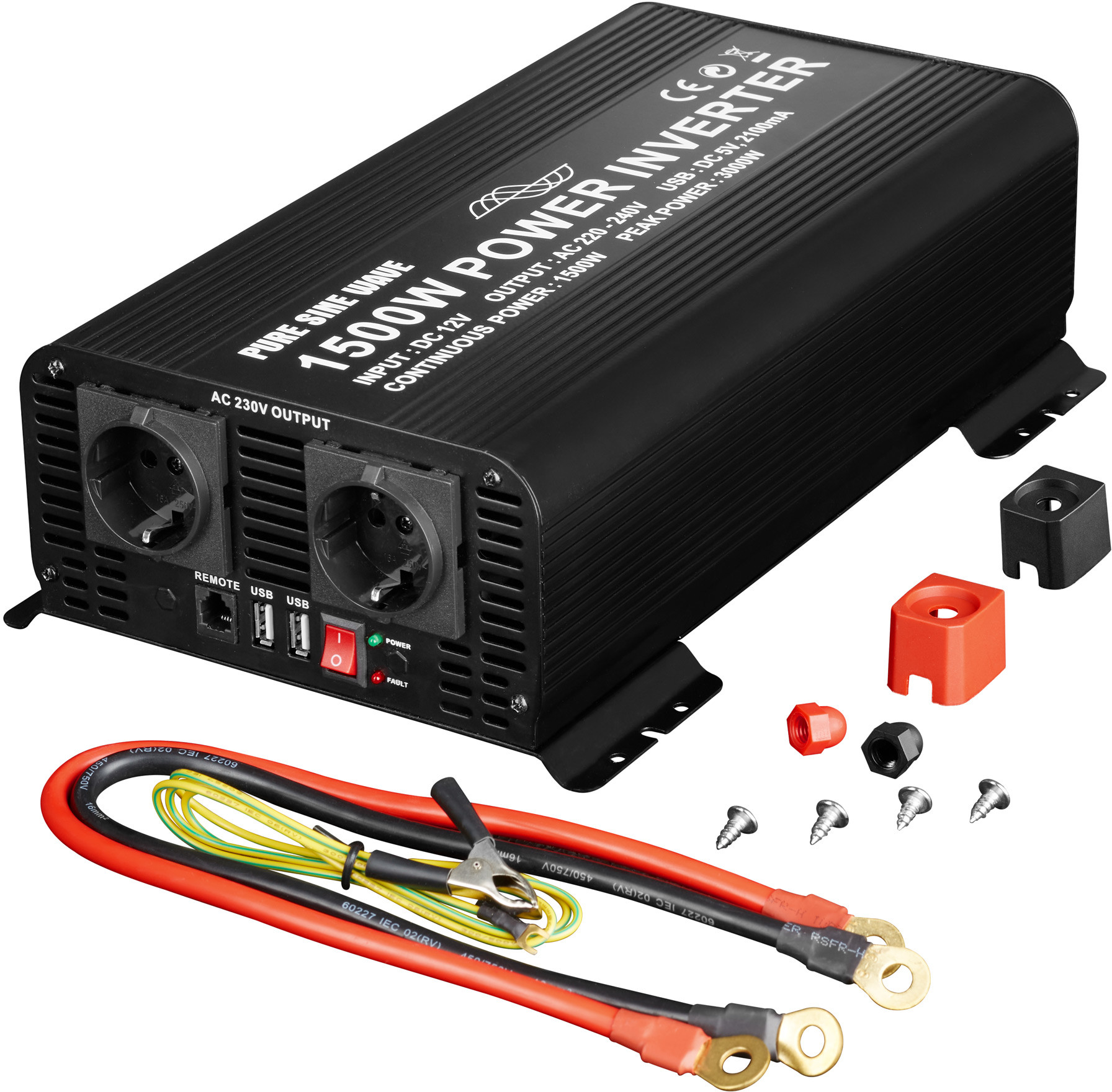 tectake Przetwornica sinusoidalna falownik inwerter mocy 12 V na 230 V 1500 W 3000 W - czarny 404562