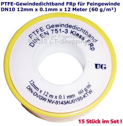 UG Taśma z PTFE taśma uszczelniająca zwój gwintu, w rolce (taśma teflonowa) FRp do drobnego gwintu DN10 zgodnie z normą DIN EN 751-3, 12mm x 0,1mm x 12m (60 g/m), biały