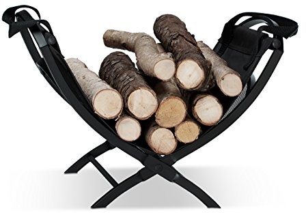 Relaxdays Kosz na drewno kominkowe z torbą z uchwytami, składany, żeliwo, składana, półka na gazety, wys. x szer. x gł.: 32 x 43,5 x 32 cm, czarna 10022301