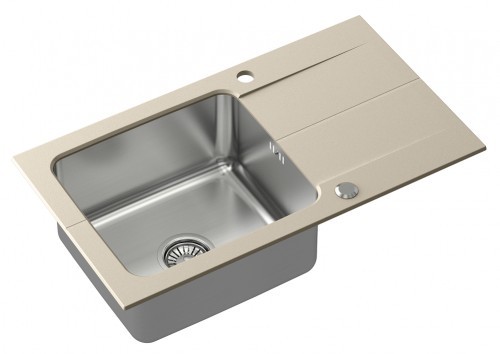 STEINER Zlewozmywak granitowy stal szlachetna jednokomorowy 78 44 19 cm z ociekaczem EDWARD 111 FUSION beżowy ze stalowym odpływem FUS_E7844BE