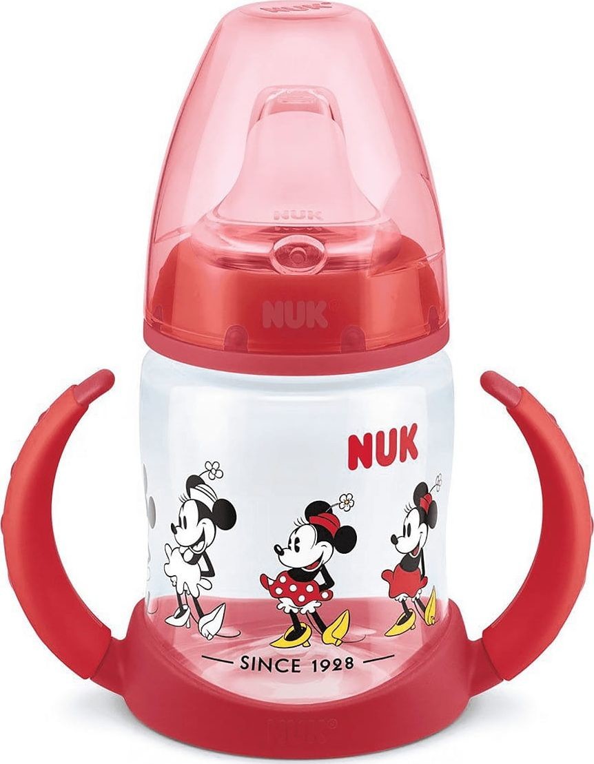 NUK Butelka do nauki picia z uchwytem i wskaźnikiem temperatury Myszka Minnie 150 ml czerwona 0387329