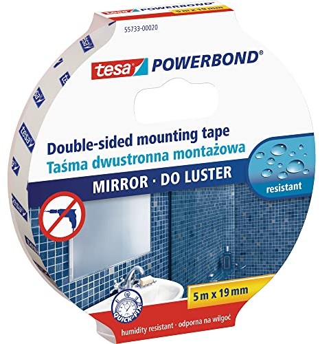 TESA UK 55733-00017-02 Powerbond dwustronna taśma klejąca do stosowania w wilgotnych pomieszczeniach, 5 m x 19 mm, biała, 5 m x 19 mm 55733-00017-02