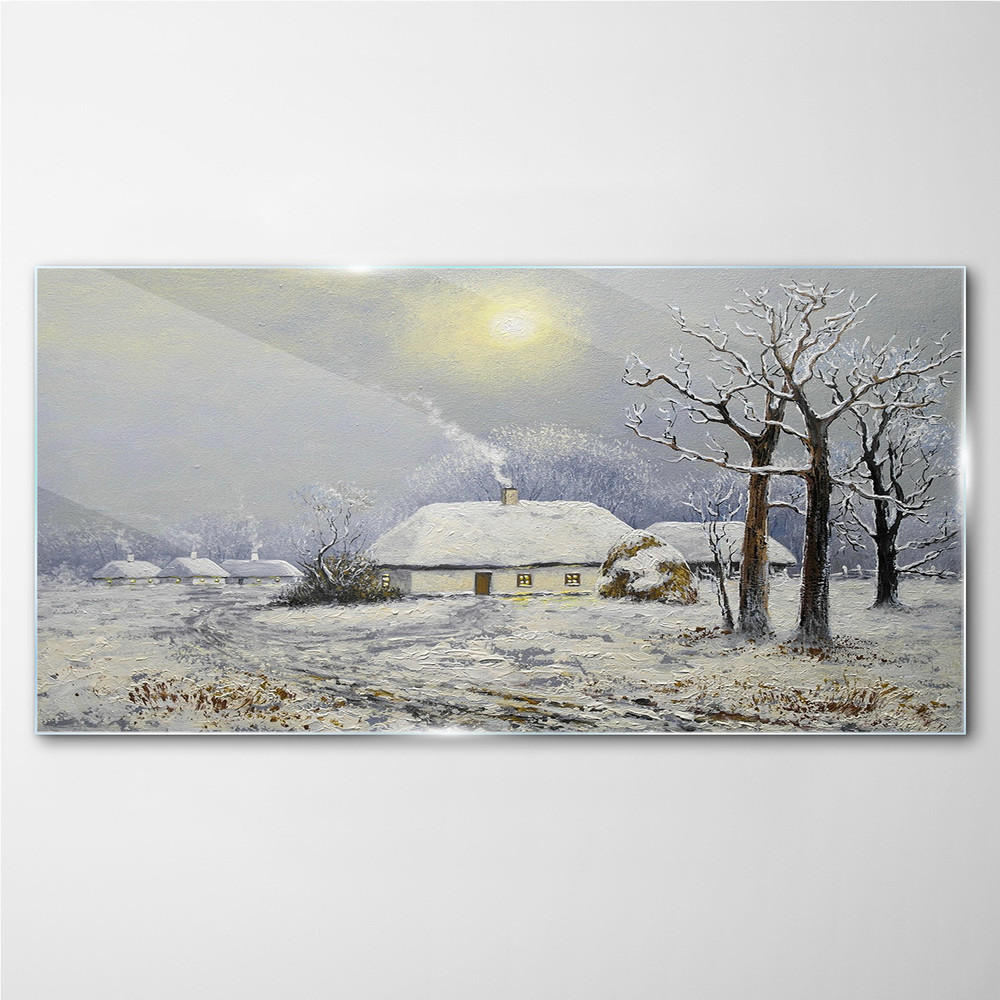 PL Coloray Obraz na Szkle zima wieś chaty drzewa 120x60cm