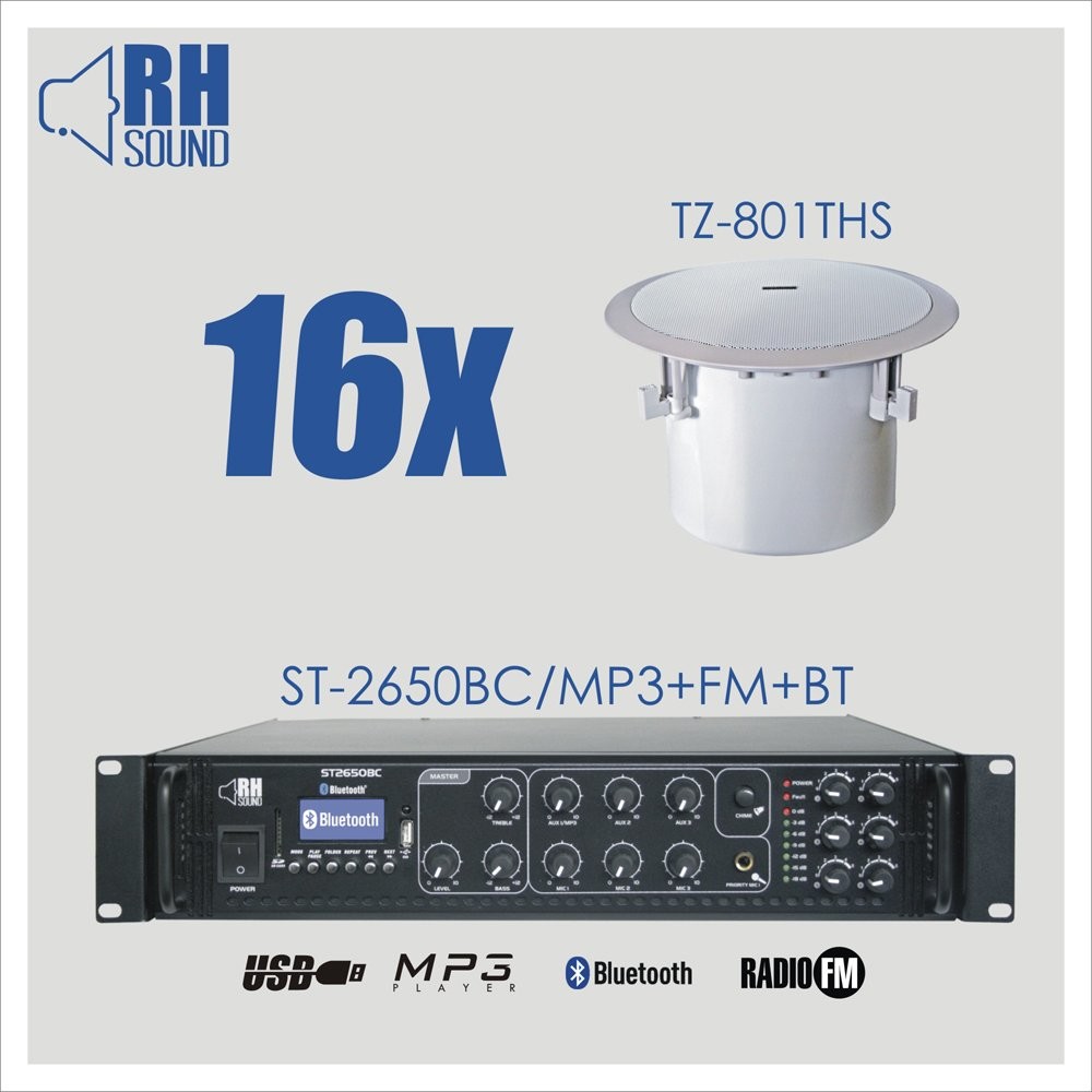 RH Sound ST-2650BC/MP3+FM+BT + 16x TZ-801THS - nagłośnienie sufitowe