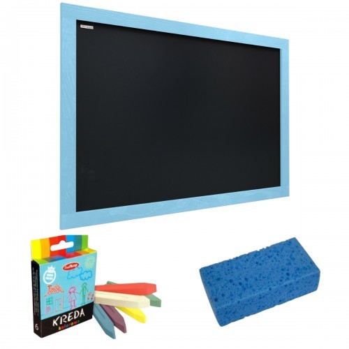 Allboards Tablica kredowa czarna 90x60 cm niebieska pastelowa rama + gratis TB96B+K6+G