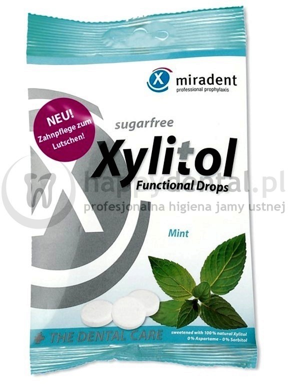 MIRADENT Xylitol Drops 25szt. - przeciwpróchnicze cukierki z ksylitolem dla dzieci i dorosłych (smak: Mięta)