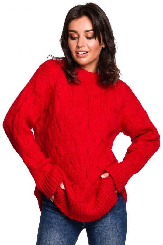 SukienkiShop Sweter damski wełniany luźny fason ciepły puszysty czerwony - SukienkiShop