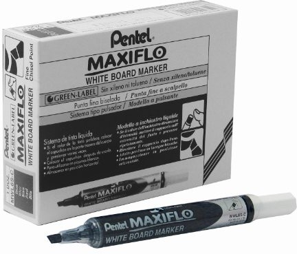 Pentel Maxiflo Whiteboard Marker, sucha zmywalny, wąskie ściętym koronka, czarna, 12 sztuki MWL6S-A