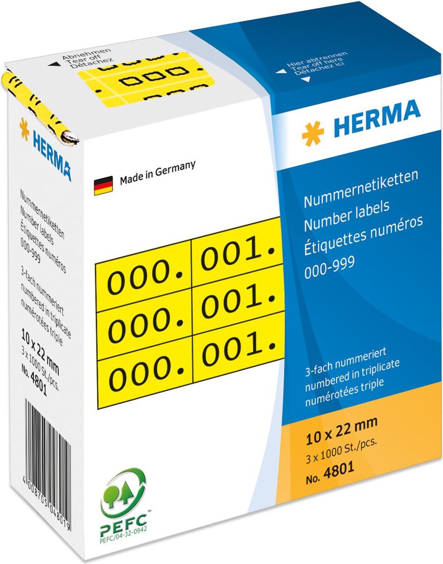 Herma Nummernetik. 3fach selbstkl. 10x22 mm gelb/schwarz - 4801
