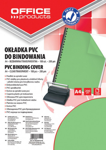 OFFICE PRODUCTS Okładki do bindowania OFFICE PRODUCTS PVC A4 200mikr. 100szt. zielone transparentne 20222015-02
