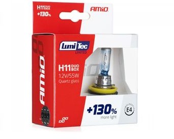 AMIO Żarówki halogenowe Amio LumiTec Limited H11 12V 55W +130% więcej światła do 40 metrów dłuższa wiązka xenon look 4300K) S35-9685