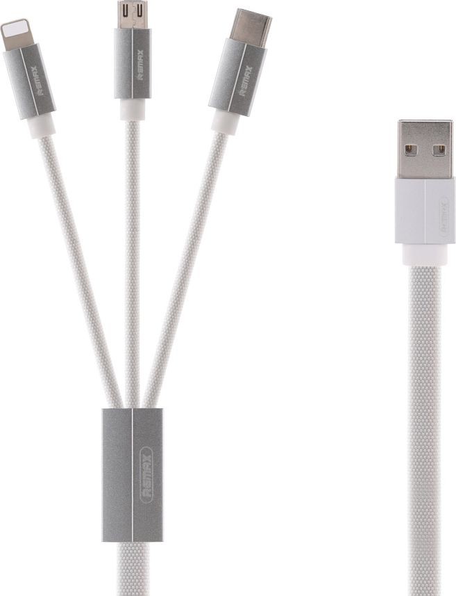 REMAX Kabel USB Kerolla RC-094th płaski kabel 3w1 USB micro USB Lightning USB-C w materiałowym oplocie 2.4A 1M biały uniwersalny 1573-74475_20190322103451