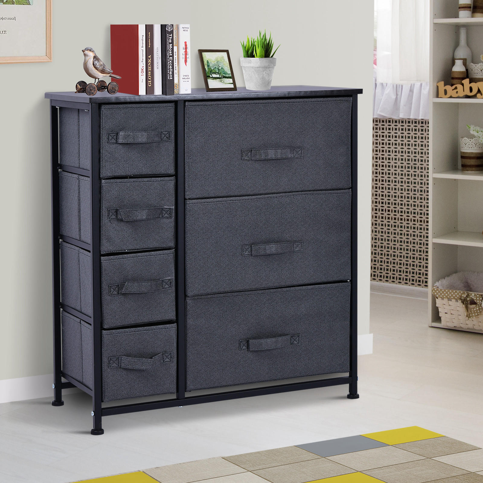 Homcom SZAFKA DO PRZECHOWYWANIA Z 7 SKŁADANYMI TEKSTYLNYMI SZUFLADAMI METALOWY STELAŻ + DREWNO + LEN szara 63.5 x 30 x 71 cm