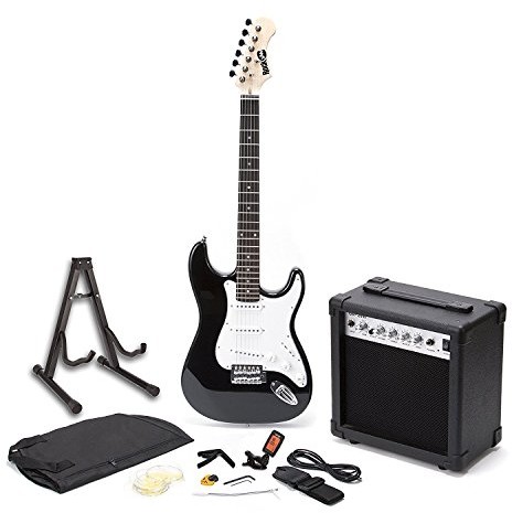 Rockjam RockJam RJEG01-SK-BK pełnowymiarowy superzestaw do gitary elektrycznej ze wzmacniaczem gitarowym struny do gitary stroik do gitary pasek na gitarę i kabel czarny RJEG01-SK-BK