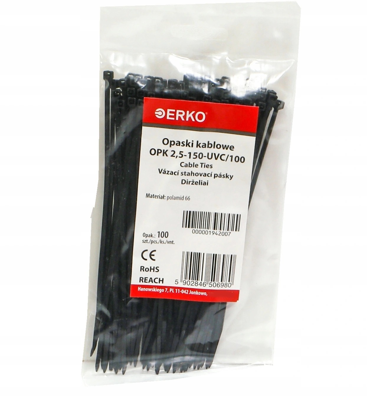 opaska zaciskowa czarna Opk 150 2,5 100szt Uv Erko