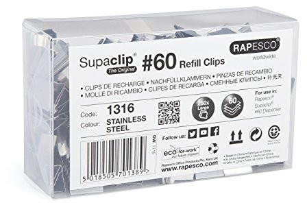 Rapesco 1316 Supaclip 60 arkuszy kasetę lammern duże opakowanie 250 sztuk ze stali nierdzewnej 1316