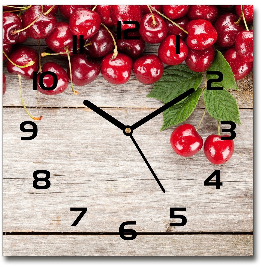 Zegar szklany kwadratowy Wiśnie na drewnie