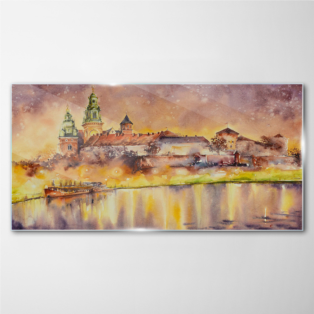 PL Coloray Obraz na Szkle Abstrakcja Rzeka Budynki 120x60cm