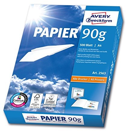 Avery Zweckform 2563 papier do drukarek i kopiarek, format A4, gramatura papieru 90 g/m, biały, 500 arkuszy, odpowiedni do wszystkich drukarek 2563