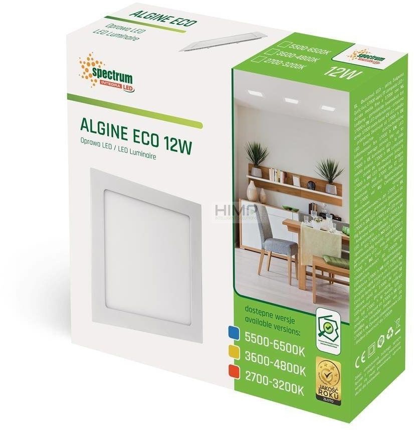 Spectrumled ALGINE ECO 12W 820lm CW 230V 120st IP20 IK06 170x170x22mm BIAŁY kwadrat. podtynkowa SLI036018CW