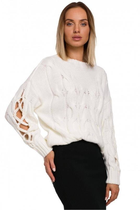 SukienkiShop Sweter damski splot w warkocz i rękawy z rozcięciami kremowy - SukienkiShop