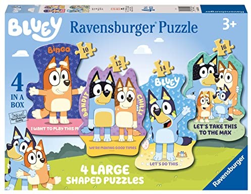 Ravensburger 3132 Bluey 4 duże puzzle (10, 12, 14, 16 sztuk) dla dzieci w wieku od 3 lat, wielokolorowe 3132