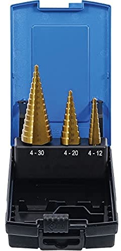 HSS BGS BGS 1624 | zestaw wierteł stopniowych | 3-częściowy | nitrowane tytanowo | 4 30 mm | stal wiertło do obierania | wiertło stożkowe | frez 1624