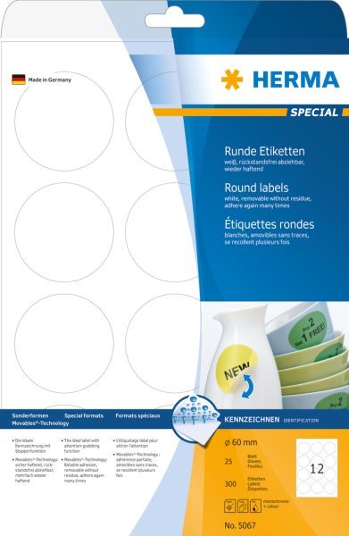 Herma Etykiety odklejalne Movables okrągłe białe papier matowy 300 szt 5067