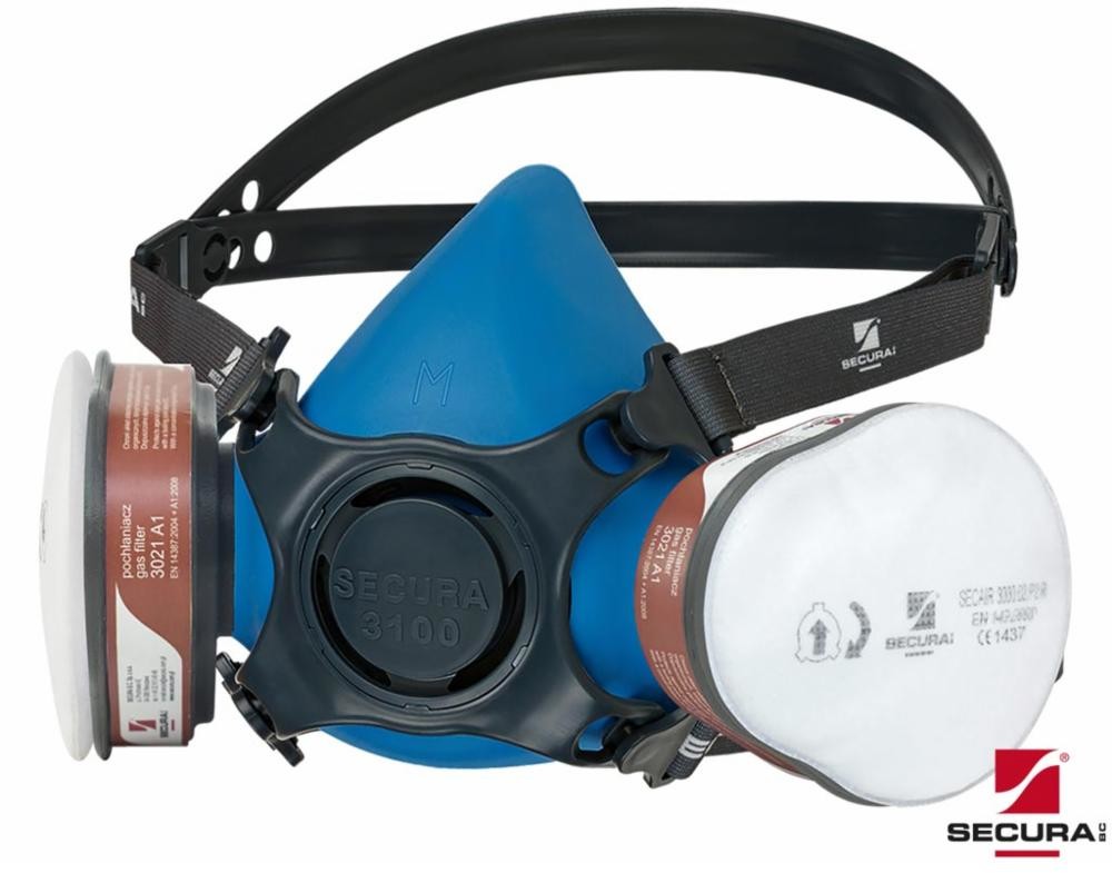 Reis SECURA-MAS3100-LAK - silikonowa półmaska dwa pochłaniacze 3021 A1, dwa filtry 3000.02 P2 R, ochrona przed pyłami, dymami i mgłami, parami i gazami organicznymi.