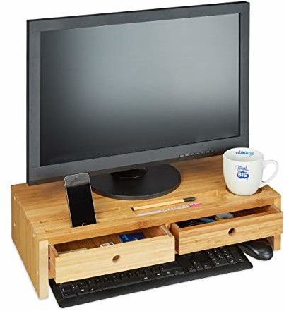Relaxdays stojak na monitor bambusowy, podwyższenie ekranu z 2 szufladami i półkami, stojak na ekran wys. x szer. x gł. 14 x 60 x 30 cm, naturalny