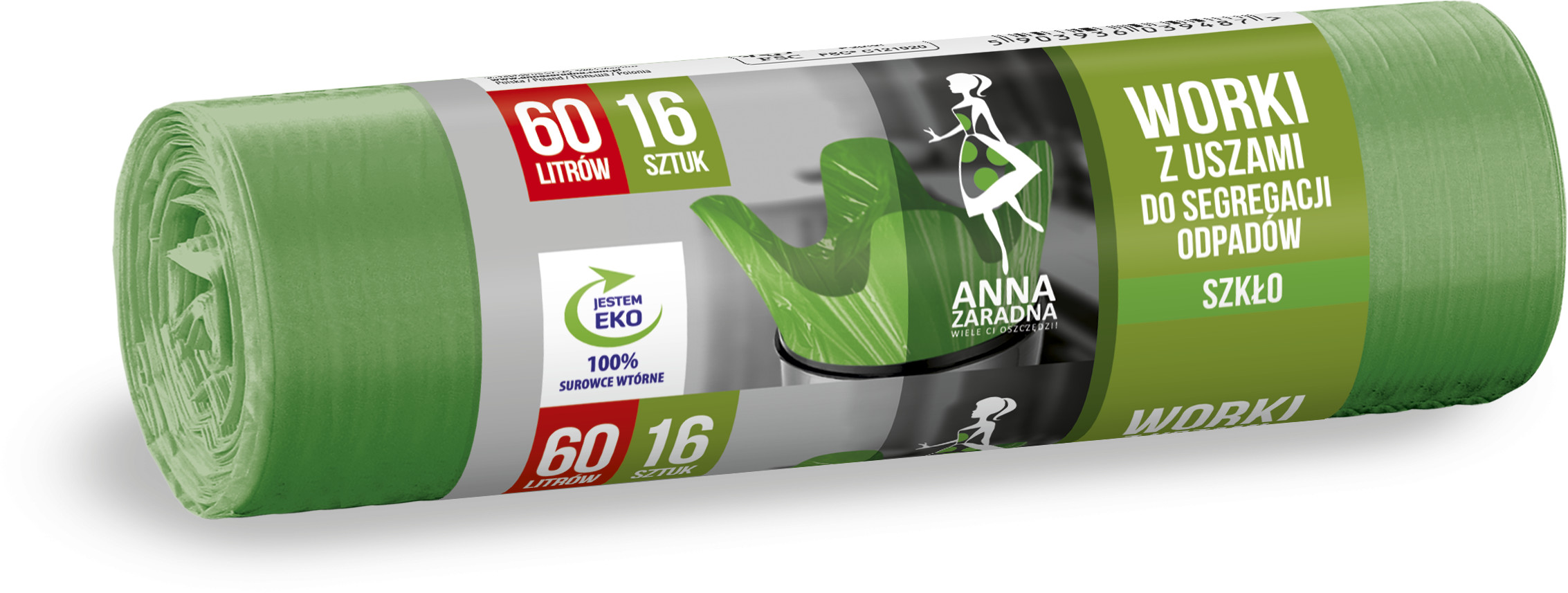 Anna Zaradna WORKI Z USZAMI DO SEGREGACJI ODPADÓW SZKŁO 60L 16SZT ZIELONE 5903936039487
