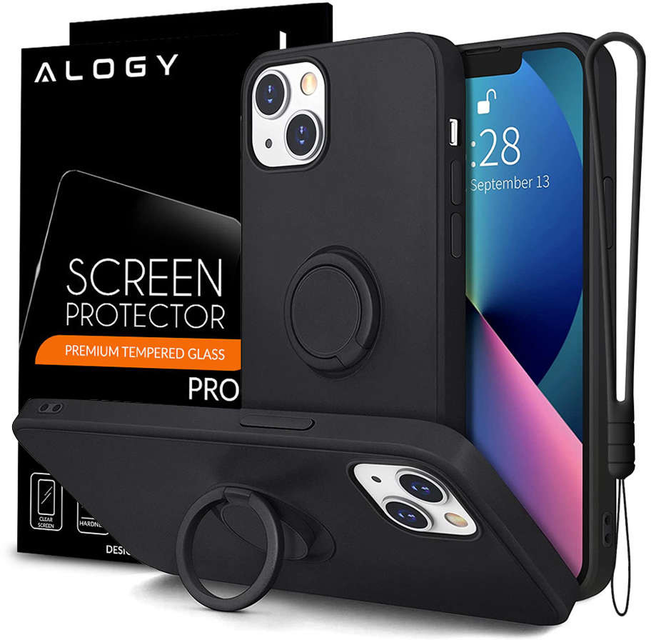 Alogy Etui silikonowe Ring Ultra Slim do Apple iPhone 13 Mini Czarne + Szkło 10581/10549X1