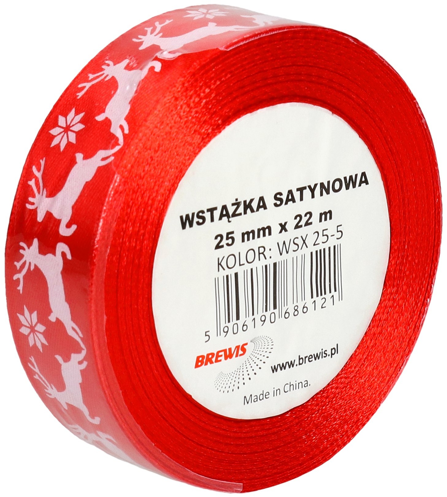 BREWIS Wstążka satynowa 25mmx22m renifer biało/czerwona Brewis
