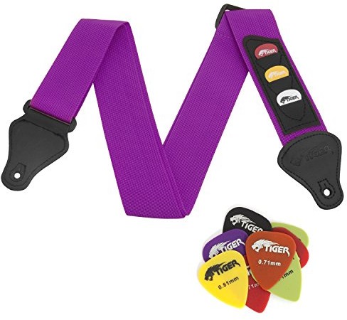 TIGER Tygrys fioletowy pasek do gitary i 12 darmowych kostek STPK-PU