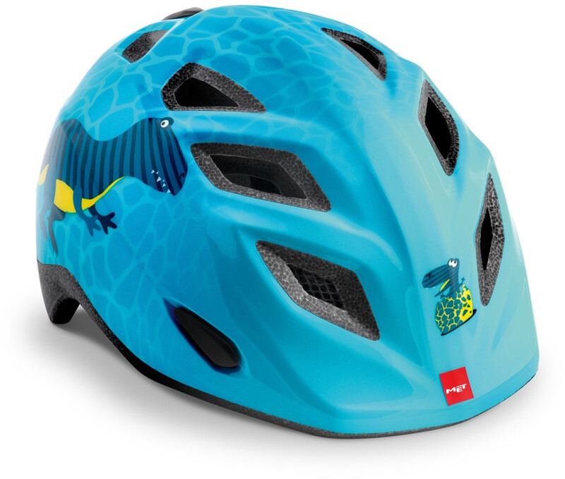 MET Genio Helmet Kids, blue dinosaurs glossy One Size | 52-57cm 2021 Kaski dla dzieci 57000407