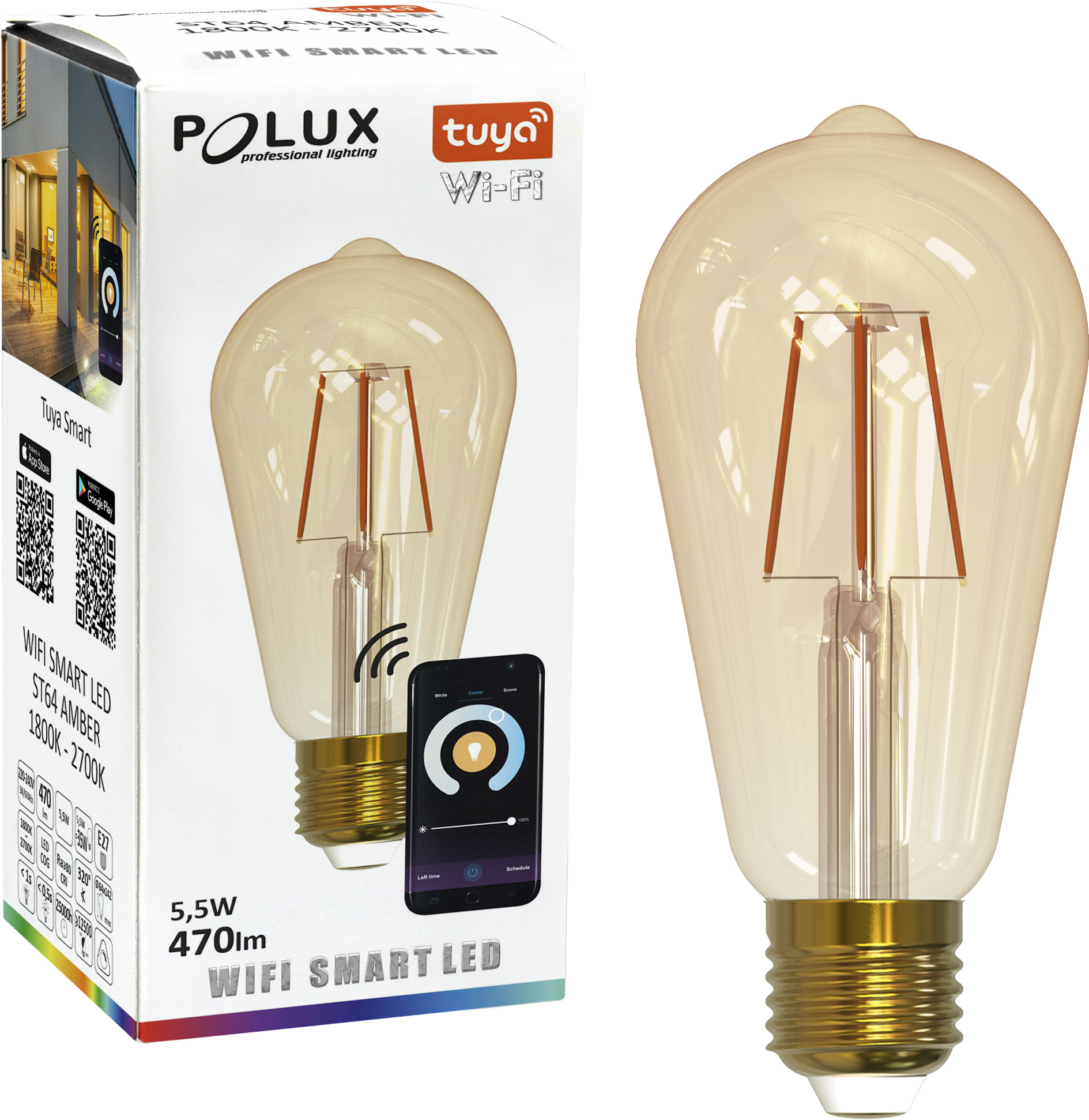 Polux Żarówka E27 Amber 470lm 5,5W 1800K-2700K wifi Tuya 313829 SANICO 313829