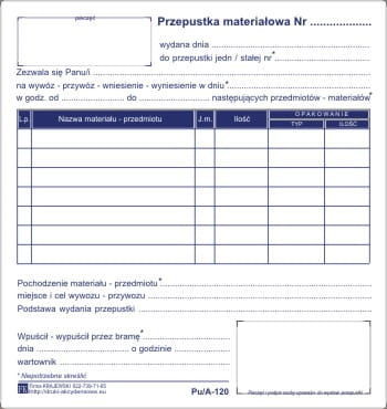 Firma krajewski Przepustka materiałowa [Pu/A-120] Pu/A-120