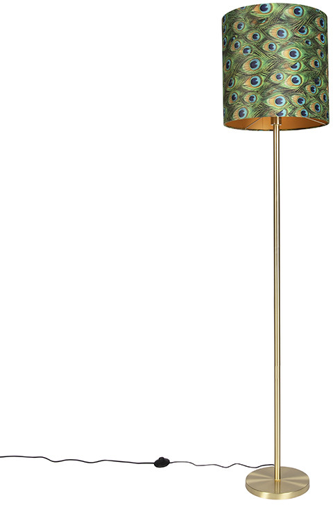 QAZQA Lampa podłogowa mosiądz klosz welurowy pawie oczka 40cm - Simplo