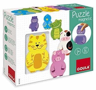 Jumbo Spiele Spiele - Goula magnetyczne drewniane puzzle zwierzęta, 12-częściowy zestaw drewnianych zabawek dla małych dzieci, od 1 roku życia 55234