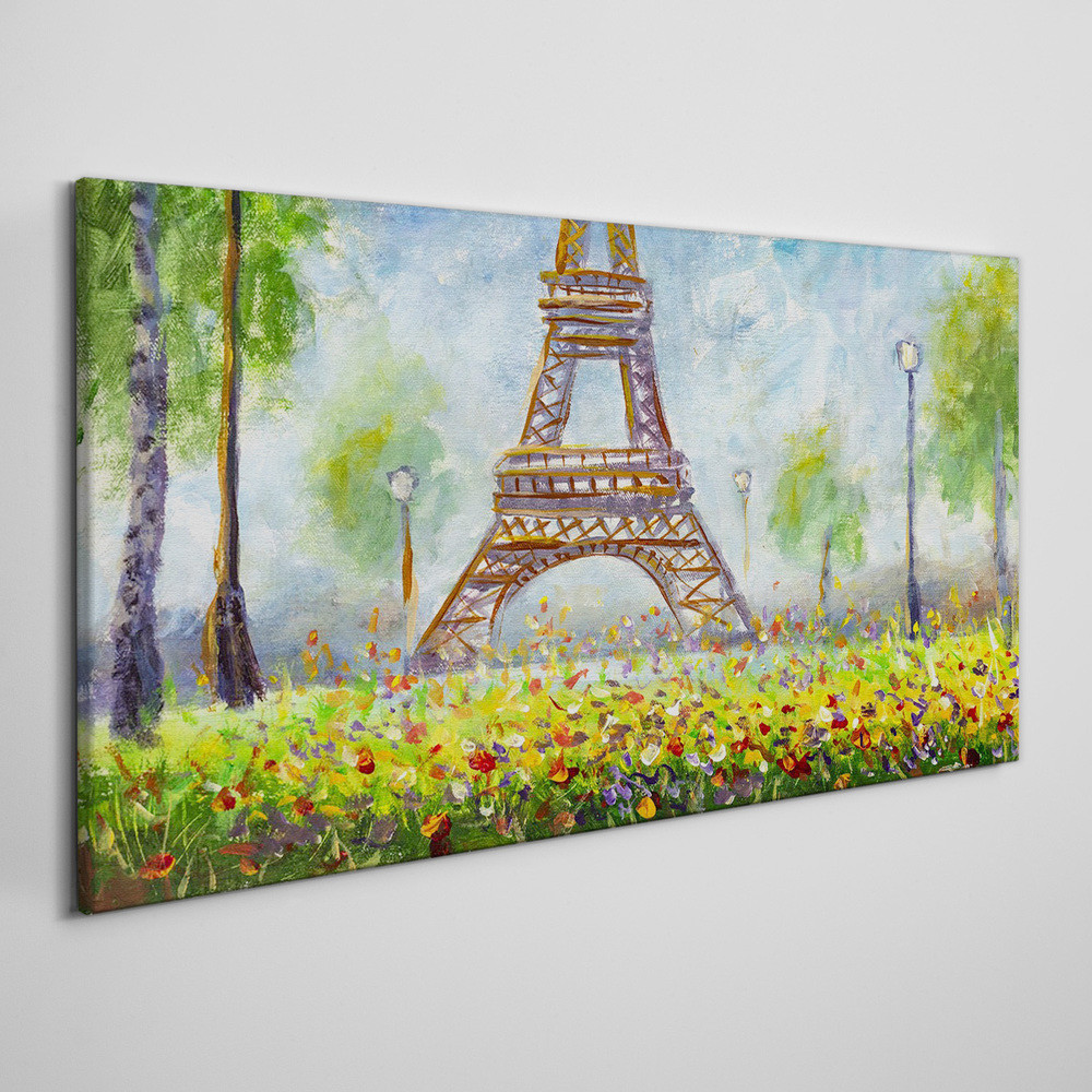 PL Coloray Obraz na Płótnie kwiaty drzewa Eiffel wieża 140x70cm