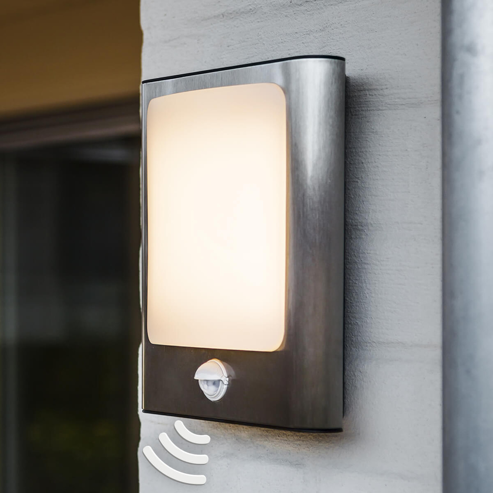 ECO-Light Stalowy kinkiet LED Face na zewnątrz, z czujnikiem