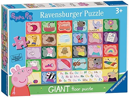 Ravensburger Świnka Peppa alfabet 24-częściowy gigantyczny puzzle podłogowe dla dzieci w wieku od 3 lat - wczesne uczenie się i rozwój 3116