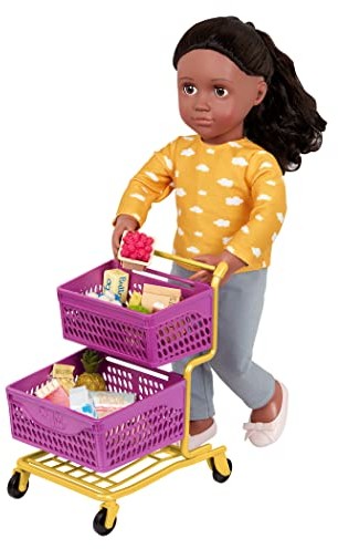 Our Generatioin Our Generation BD35211Z Deluxe wózek na zakupy liliowy/żółty i spożywczy  zrównoważone zakupy, dla lalek 46 cm, z funkcjonalnymi rolkami  zabawka dla dzieci od 3 lat  45461 HCM pojedynczy BD35211Z